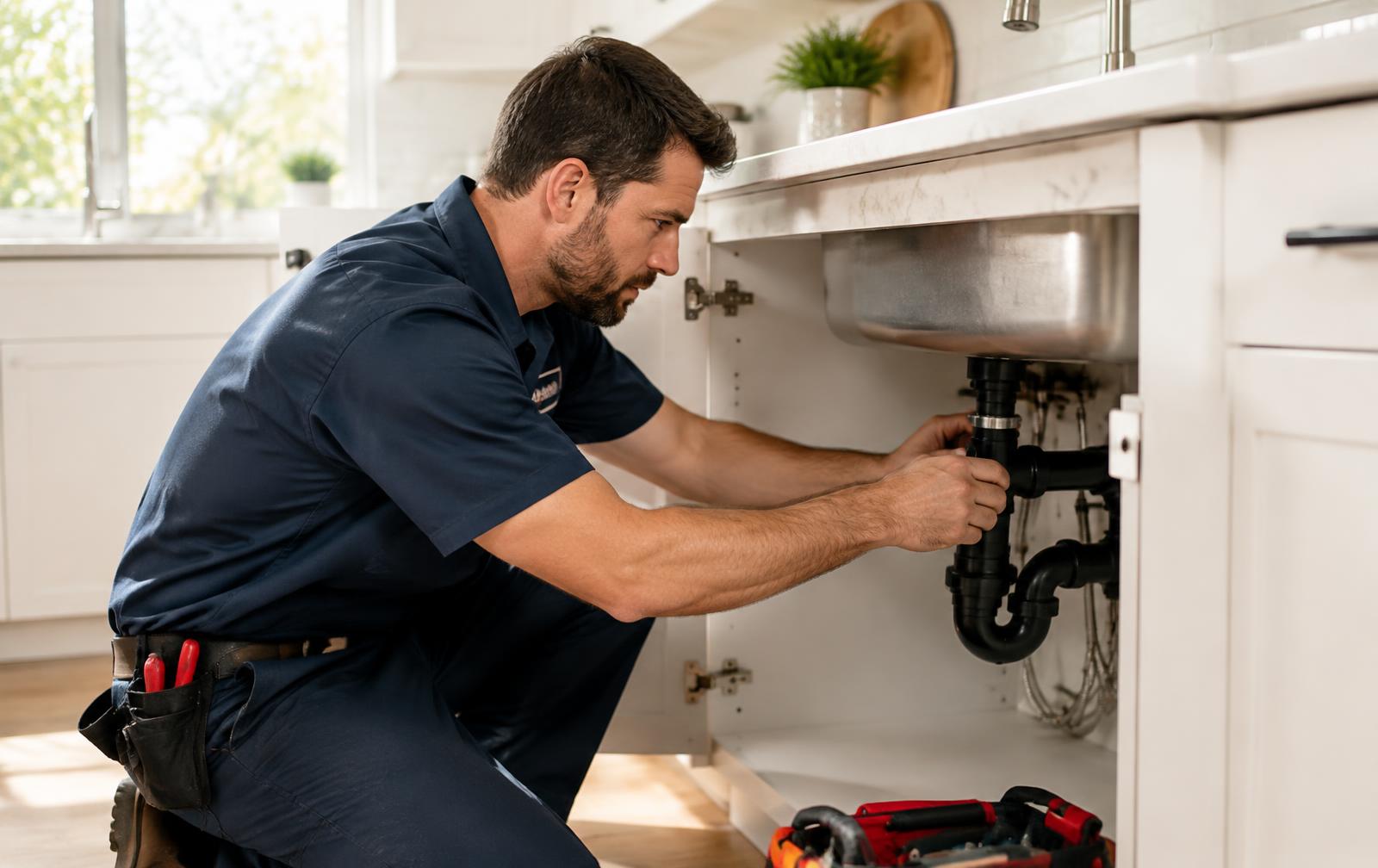 Plumber repairing pipes under a kitchen sink